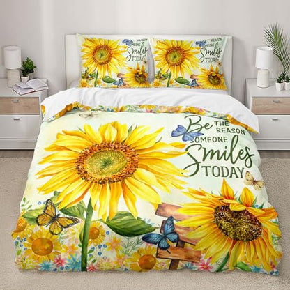 AILONEN Sunflower Duvet Cover Set Queen Size,Garden Sunflowers Bedding Set,Yellow Flowers Comforter Cover Set,3 Pieces Butterfly Sunflower Duvet Cover Set, 1 Quilt Cover and 2 Pillowcases - color: Sunflower43, size: Queen