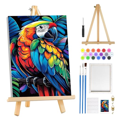 MOGTAA Colorful Parrot Paint by Numbers Kit for Adults Beginners with Frame, Animal Adult Paint by Number Kits on Canvas with Easel, Easy DIY Oil Painting Kits for Home Decor, 8x12in - color: Parrot
