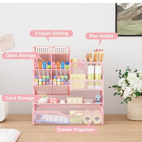Marbrasse Mesh Desk Organizer with Drawer, Multi-Functional Pencil Organizer, 12 Compartments, Pink, Modern, Minimalist - color: Pink