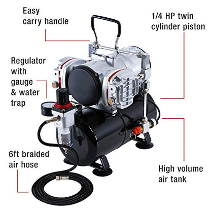 Master Airbrush TC-828 Airbrush Compressor with Tank- 1/4 HP Twin Cylinder, 3L Air Tank, 46L/Min Flow, Dual Air Brush Support, True Diaphragm Regulator, Portable - Ideal for Artists, Studios - style: Dual Piston with Tank
