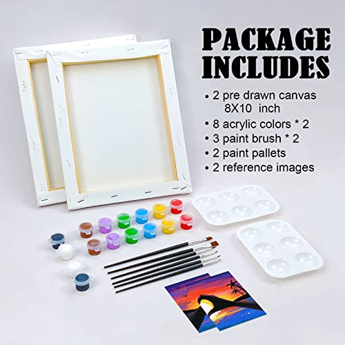 VOCHIC Sip and Paint Kit,Pre Drawn Canvas Couples Paint Party Kit Painting Art Set for Adults Date Night Sunset Heart 2 Pack (8 x 10 Inches) - size: 8x10, style: Sunset Heart