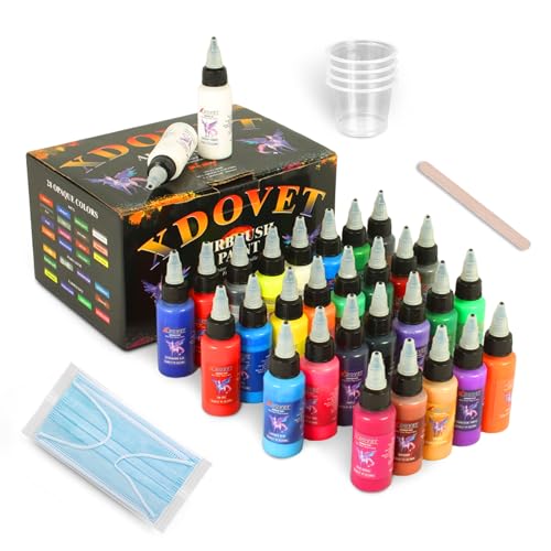 XDOVET Airbrush Paint 28 Colors (30 ml/1 oz) with 2 Thinner - Ready to Spray Opaque Neon Colors Water-Based Premium Acrylic Paint Kit for Beginners, Hobbyists and Artists