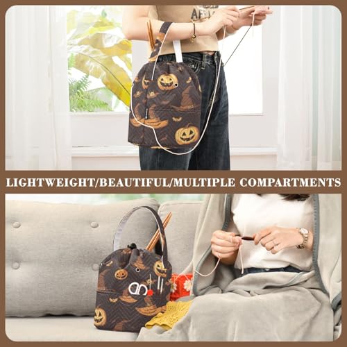 Yarn Bag Small Crochet Bag Drawstring Yarn Storage Organizer Knitting Project Bags Potable Yarn Holder with Holes Handle Crocheting Needles Knitting Accessories Brown Witch Hat Bat Halloween - color: Brown Witch Hat Bat Halloween