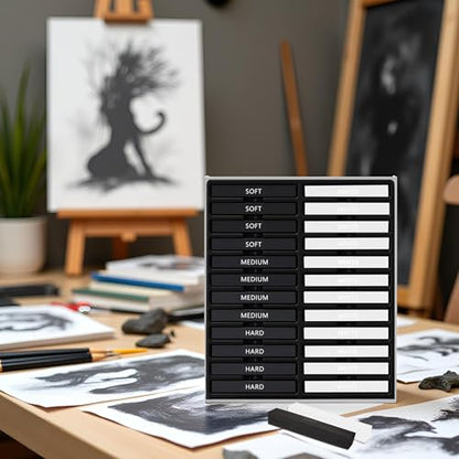24 Pcs Compressed Charcoal Sticks with Soft, Medium, Hard and White Charcoal, Square Charcoal Stick Kit for Drawing, Sketching and Shading (12 Black and 12 White) - color: 12 Black + 12 White