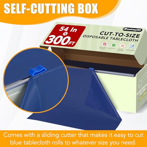 RowinsyDD 54 in X 100 FT Blue Plastic Table Cover Roll with Slide Cutter | Disposable Plastic Table Cloths,Disposable Table Cloths Disposable for Dinning, Parties, BBQ, Wedding, Birthdays, Outdoor - color: Blue, size: 3600" x 54" (Rectangular)