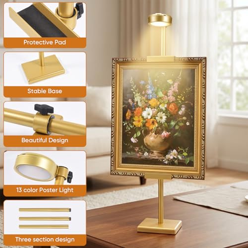 30'' Adjustable Tabletop Easel Stand with Rechargeable 13RGB Poster Light | Picture Frame Light, Picture Easels for Display,Gold Metal Picture Frame Holder Stand for Artwork, Photo,Sign. - color: Gold