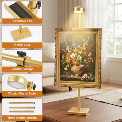30'' Adjustable Tabletop Easel Stand with Rechargeable 13RGB Poster Light | Picture Frame Light, Picture Easels for Display,Gold Metal Picture Frame Holder Stand for Artwork, Photo,Sign. - color: Gold