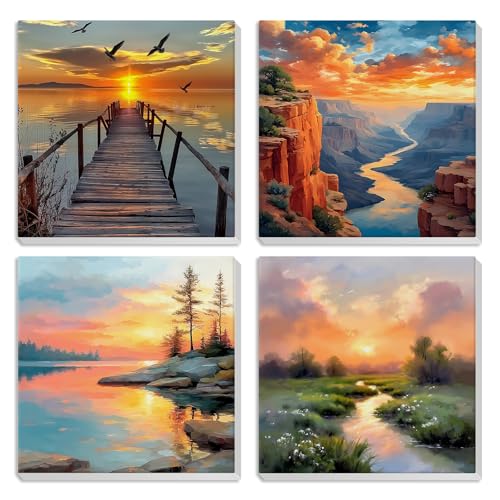 HEIBAGO 4 Pack Framed Paint by Numbers Kit for Adults Beginner, Adult Paint by Number Kits Landscape, DIY Paint by Numbers for Adults,Small Easy Acrylic Oil Painting for Wall Decor 8 x 8 Inch - color: Landscape