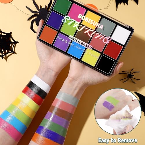BOBISUKA Face Body Paint Palette + 10PCS Brushes Set, 15 Color Professional Face Painting Pallet Kit for Art Theater Halloween Party Cosplay Clown SFX Makeup for Women Adults, Non-Toxic Washable - color: 15 Color Palette A + Brushes
