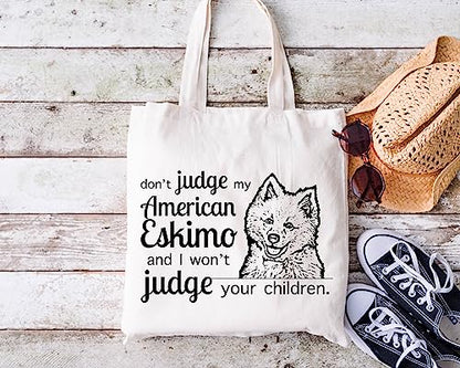 Pet Studio Art Don't Judge My Dog Tote Bag - color: American Eskimo