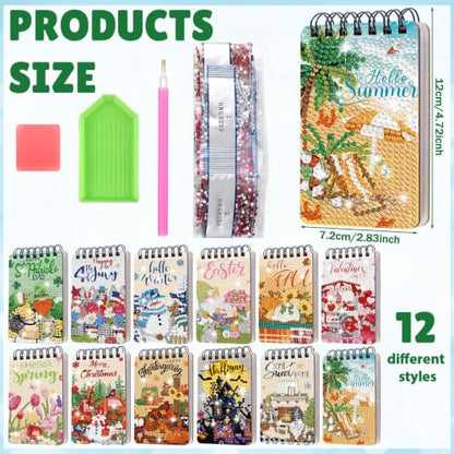 Fuyoooo 12 Pcs Holiday Diamond Art Notebook for Adults, 4.72 x 2.83 Inch | Seasonal Diamond Art Kits, Fall Halloween DIY Cover Notebook Diamond Painting for Beginner, 5d Journal Notepad Accessories - style: Seasonal