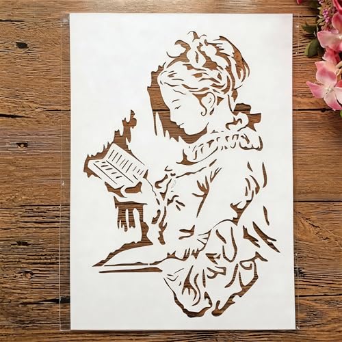 TIAMECH A4 Reusable Vintage Reading Girl Stencil for Painting | Studying Woman Book Layering Template, DIY Wall Art, Wood Furniture, Scrapbook & Crafts (8.3x11.7inch) - style: Vintage Reading Girl