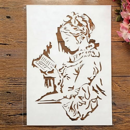 TIAMECH A4 Reusable Vintage Reading Girl Stencil for Painting | Studying Woman Book Layering Template, DIY Wall Art, Wood Furniture, Scrapbook & Crafts (8.3x11.7inch) - style: Vintage Reading Girl