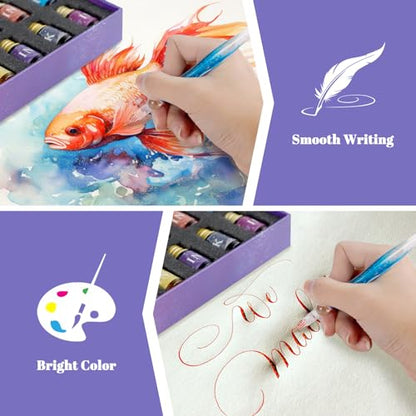 Glass Dip Pen Set, 16pcs Calligraphy Fountain Pens Set, 2 Crystal Glass Pen, 12 Gold Powder Drawing Drip Tool for Writing Signatures Art Christmas Gift, Calligraphy Kit for Beginners