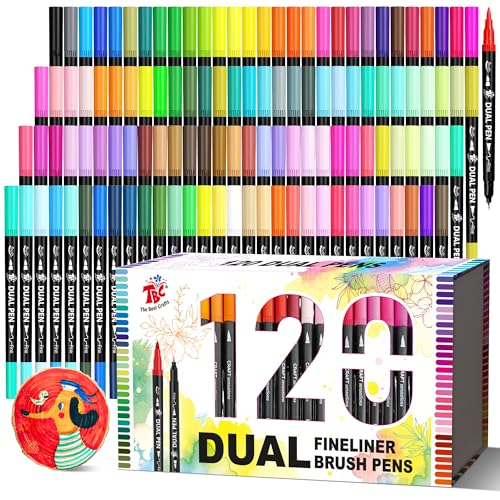 Brush Pens for Adult Coloring Books, 120 Colors Dual Tip Art Markers – Fine Tip for Outlining + Brush Tip for Coloring, Water-Based Non-Bleeding Markers for Journaling, Calligraphy, Hand Lettering - color: 120 Colors