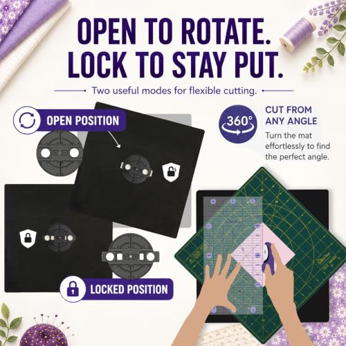 The Quilted Bear 7" x 7" Rotating Self-Healing Cutting Mat, Green | Square Mat, 360° Rotation, Locking Mechanism, 5-Layer Surface, Non-Slip Base, Clear Inch Grid & Angle Guides for Quilting - color: Green, size: 7"L x 7"W