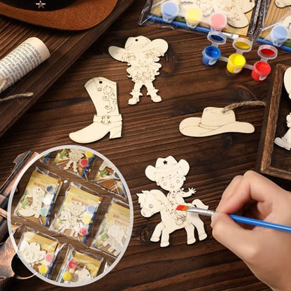 Saypacck 24 Pcs Cowboy Party Favors Wooden Paint Craft Kits | Rodeo Birthday Supplies, Cowgirl Theme Crafts, Western Party Activity, Thank You Gifts, Organza Bags for Goodie Fillers - style: Western Cowboy