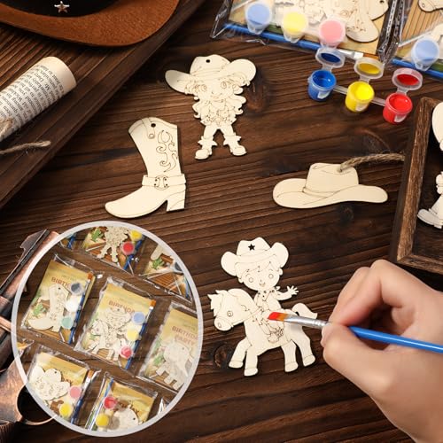 Saypacck 24 Pcs Cowboy Party Favors Wooden Paint Craft Kits | Rodeo Birthday Supplies, Cowgirl Theme Crafts, Western Party Activity, Thank You Gifts, Organza Bags for Goodie Fillers - style: Western Cowboy