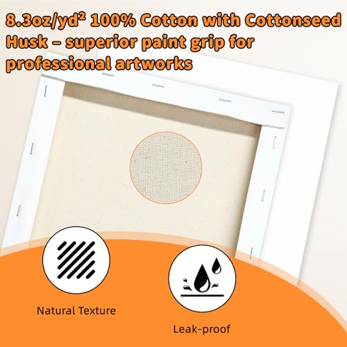 24-Pack Stretched Canvas 8 Sizes 100% Cotton for Acrylic Oil Mixed Media | 100% cotton with natural cottonseed husk, 5/8" deep profile, triple-gesso acid-free white canvas - size: 12"x16", 11"x14", 9"x12", 8"x10", 8"x6", 4"x6"