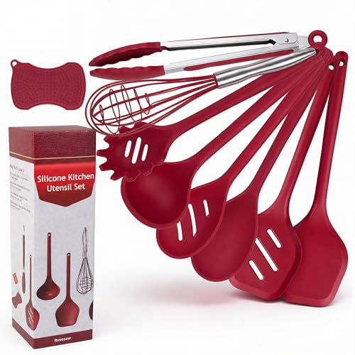 Kitchen Utensils Set,9 PCS Silicone Cooking Utensils Set Spatula Set,Cooking Utensils Tool,Tongs,Spoon,Whisk,Brush,Dishwasher Safe Kitchen Gadgets for Non-Stick Cookware,Home Essential(Red) - color: PERSIAN RED