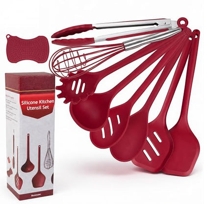 Kitchen Utensils Set,9 PCS Silicone Cooking Utensils Set Spatula Set,Cooking Utensils Tool,Tongs,Spoon,Whisk,Brush,Dishwasher Safe Kitchen Gadgets for Non-Stick Cookware,Home Essential(Red) - color: PERSIAN RED