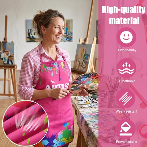 3 Pcs Painting Artist Apron with 2 Pockets, Colorful Artist Smock, Adjustable Painting Aprons for Adults - color: Rose Pink
