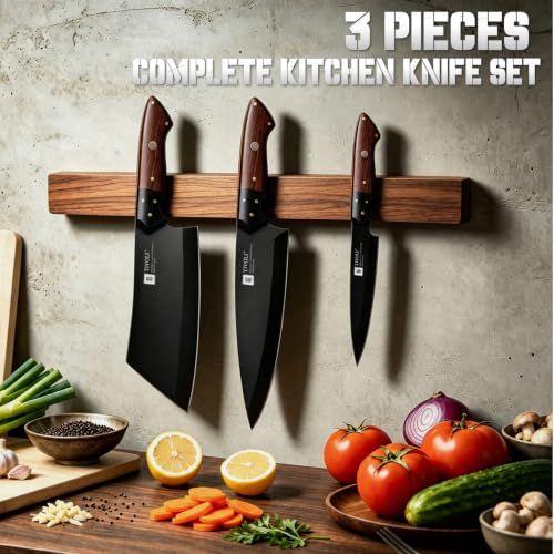TIVOLI Kitchen Knife Set 3pcs - Chef Knife Set with Full Tang Wooden Handle - size: 8