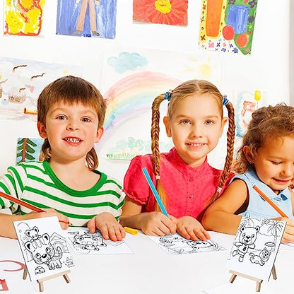 Tenceur 48 Pcs Kids Paint Party Favors Sets with 12 Pcs Animals Pre Drawn Canvas Panel and Wooden Easel Set Paint Pots and Brushes 12 Mini Apron and Tote Bag for Kids Boys Student Girls - style: Cute