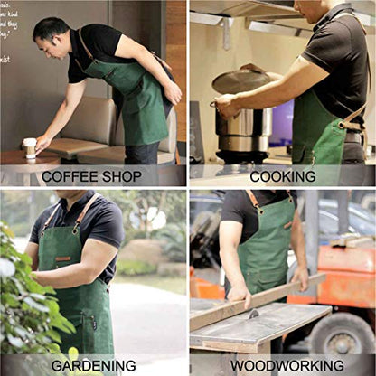 Chef Apron with Cross Back Straps for Men Women, Cotton Canvas Apron for Artists Painting, Kitchen Cooking - color: Green, 6pack