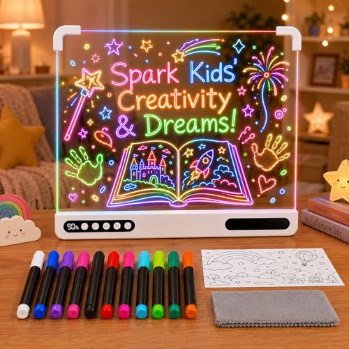 Rechargeable LED Drawing Board for Kids, 16 Inch Light Up Dry Erase Board with 12 Markers, 7 Colors & 10 Modes, Glow Doodle Board with Tracing Book & Stand, Gifts for Girls Boys Ages 4-8