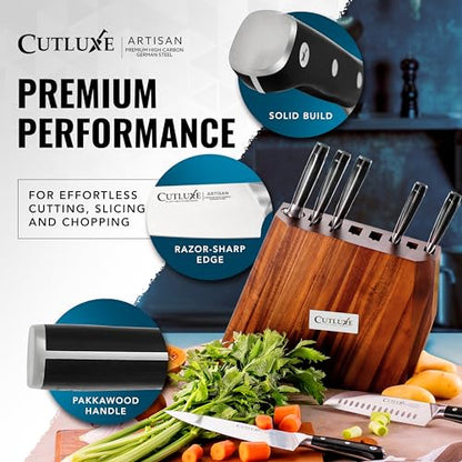 Cutluxe Kitchen Knife Set, 8-Piece Chef Knives with Acacia Wood Block | Razor Sharp Full Tang Blades, High Carbon German Steel – Artisan Series, Professional - size: 8 Pcs Knife Set with Block