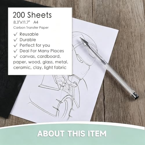 200 Sheets Carbon Paper Sheets, 8.3"x11.7" A4 Carbon Transfer Paper, Graphite Paper for DIY Woodworking, Paper, Canvas and Other Art Craft Surfaces(CA_A-01) - color: CA_A-01 Black