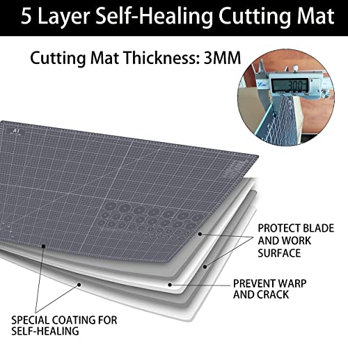 Headley Tools Thickened 24 x 36 Inch Self Healing Cutting Mat, Durable A1 Double Sided 5-Layer Craft Cutting Board for Fabric, Quilting, Sewing, Hobby, Scrapbooking, Arts and Crafts Project, Dark Gray - color: Gray, size: 36"L x 24"W