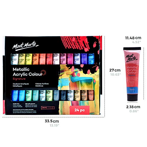 Mont Marte Premium Metallic Acrylic Paint Set, 24 x 1.02oz (36ml) Tubes, 24 Colors, Suitable for Most Surfaces Including Canvas, Card, Paper and Wood - size: 1.22 Fl Oz (Pack of 24)