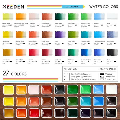 MEEDEN Watercolor Paint Set - Luxury 27 Color Collection with Black Walnut Case, Natural Squirrel Hair Brushes & Artist Grade Paints, Perfect Travel Watercolor Kit for Artists & Beginners.