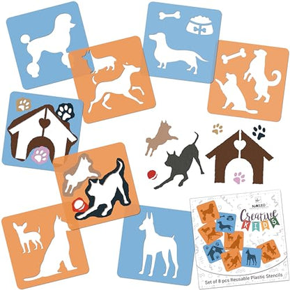 NAKLEO Painting Stencils for Kids, 8 Pcs Set 6x6” Dogs, Children Creative Drawing Templates Plastic and Reusable, DIY Decoration Arts and Crafts, Paper Wall Wood Fabric | Creative Drawing Stencils, Plastic Reusable Painting Stencil DIY Crafts, Paper Wall
