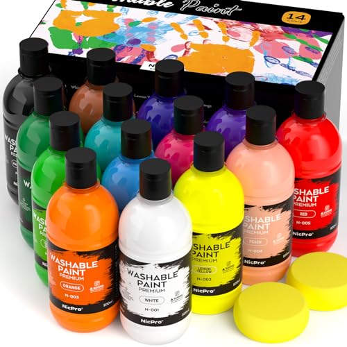 Nicpro 14 Colors Large Washable Paint Set for Kid (16.9oz), Acrylic Bulk | Paint Supplies Non Toxic Tempera Paint for Art, Craft, Poster & Finger Paint, Home, School, Teacher Classroom Must Have - color: 14 Colors, size: 16.9 Fl Oz (Pack of 14)