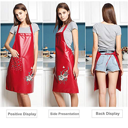 PU Kitchen Oil and Waterproof Aprons for Women with Pocket for Cooking Washing - color: Red