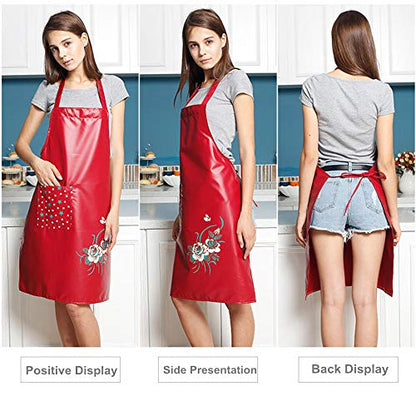 PU Kitchen Oil and Waterproof Aprons for Women with Pocket for Cooking Washing - color: Blue