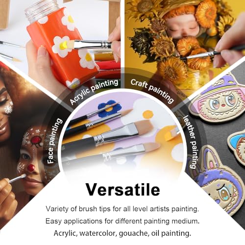 Transon Paint Brush Set 6pcs Art Painting Flexible Bristle for Acrylic Watercolor Gouache Oil Leather Canvas and Face Painting - size: size 2