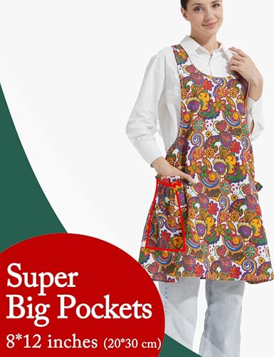 Cozy Adjustable Cross Back Aprons for Women with Pockets Cotton Linen Cooking Kitchen Baking - color: Flaming Flowers