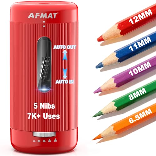 AFMAT Electric Pencil Sharpener, Auto in & Out, 5 Nibs, 7K+ Uses, Fully Automatic Pencil Sharpener for Classroom, Rechargeable Hands-Free Sharpeners for Jumbo/Colored Pencils (φ6.5-12mm) PSC3(Red) - color: Red