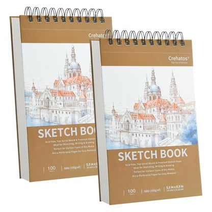 Crehatos 5.5" x 8.5" Small Sketch Book, Top Spiral Bound Sketch Pad, 100 Sheets Each 68lb/100gsm Drawing Paper, 2 Pack