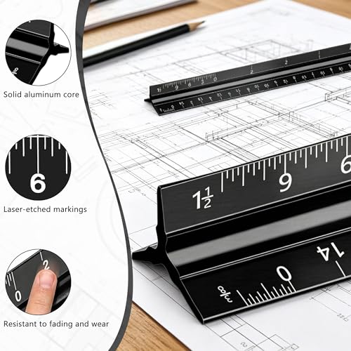 2-Piece Architectural Scale Ruler Set, 12-Inch Laser-Etched Aluminum Triangular Scale + Stainless Steel Straight Ruler, Inch/mm Conversion for Drafting, Blueprint Reading and Technical Drawing
