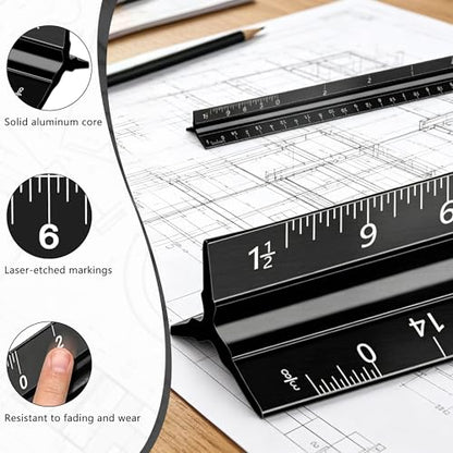 2-Piece Architectural Scale Ruler Set, 12-Inch Laser-Etched Aluminum Triangular Scale + Stainless Steel Straight Ruler, Inch/mm Conversion for Drafting, Blueprint Reading and Technical Drawing