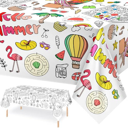 Giant Hello Summer Party Coloring Tablecloth for Kids - Huge Summer Theme Table Cover Large Watermelon Ice Cream Painting Poster for Children Birthday Party Supplies 54x108 Inch - color: Hello Summer