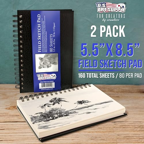 U.S. Art Supply 5.5" x 8.5" Premium Hardbound Sketch Book, 2 Pack, 80 Sheets Each, 70 lb (110gsm) - Hardcover Spiral Bound Artist Field, Small Sketch Pad, Acid-Free Drawing Pad - Adults, Students - size: 5.5-x-8.5-inch