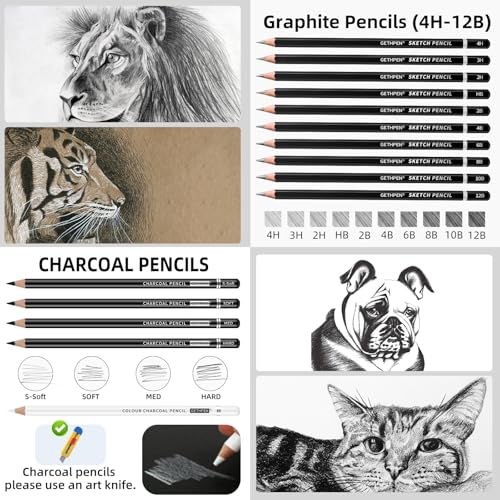 GETHPEN Drawing Sketching Pencil Set, Graphite Pencils (12B-4H), 24Pcs | Art Pencil Kit, Black and White Charcoal Pencils, Stumps, Eraser, Sharpeners, Sketching, Shading, Sketch Set for Artists