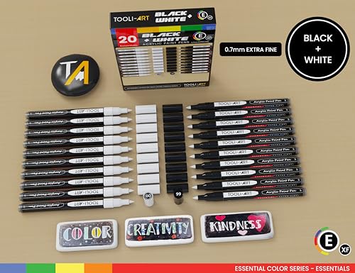 TOOLI-ART Black And White Acrylic Paint Markers Paint Pens Set For Rock Painting, Canvas, Mugs, Metal, Glass Paint, Fabric, Wood, DIY. Non Toxic, Quick Dry,Waterbas (EXTRA FINE) - style: EXTRA FINE