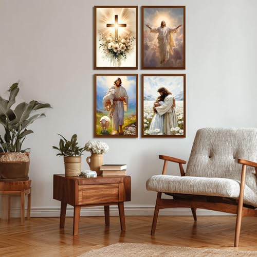 Reivworl 4 Pack Framed Paint by Numbers for Adults with Wooden Easel, Jesus Paint by Numbers Kit for Adults Beginner, Acrylic Painting by Number for Home Decor 8X12 Inch - color: 03-Jesus